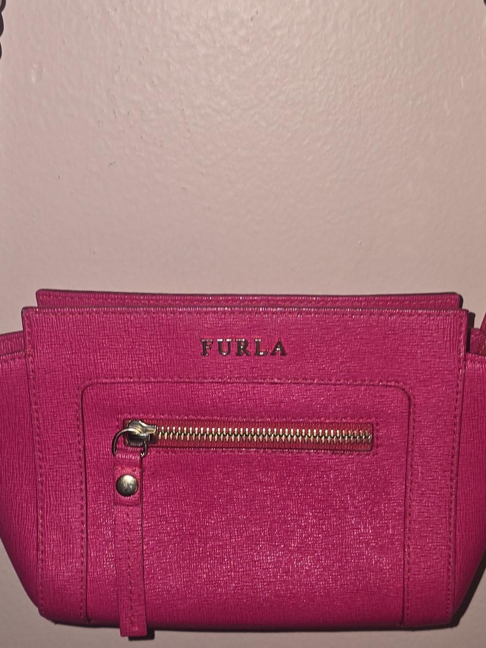 Furla Ginevra Fuchsia Pink Saffiano Leather Chain Strap Mini Crossbody